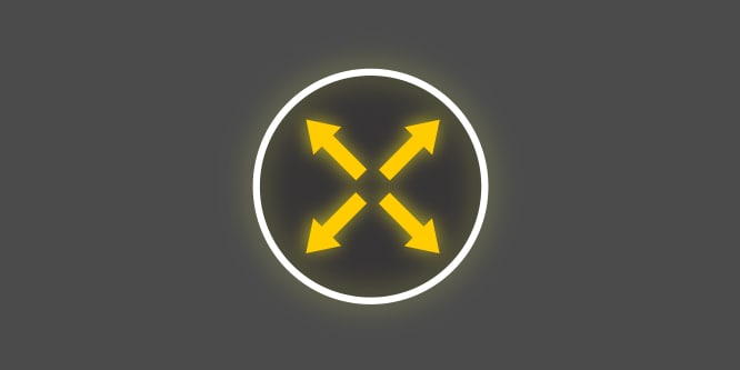 Icono amarillo y blanco con 4 flechas que apuntan hacia afuera desde el centro de un círculo, sobre fondo gris oscuro, que representa elasticidad en 4 direcciones.
